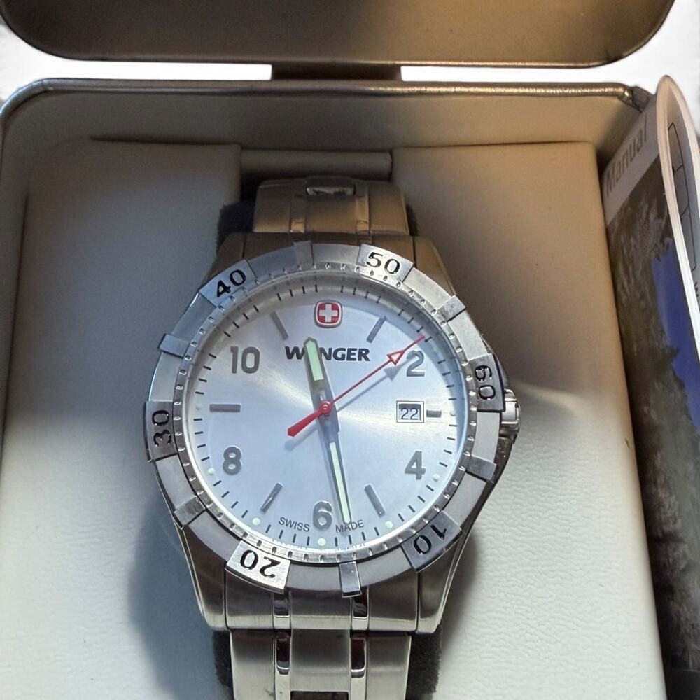 Wenger Swiss Made Men's Silver-Tone Date Display Quartz Wristwatch with Box